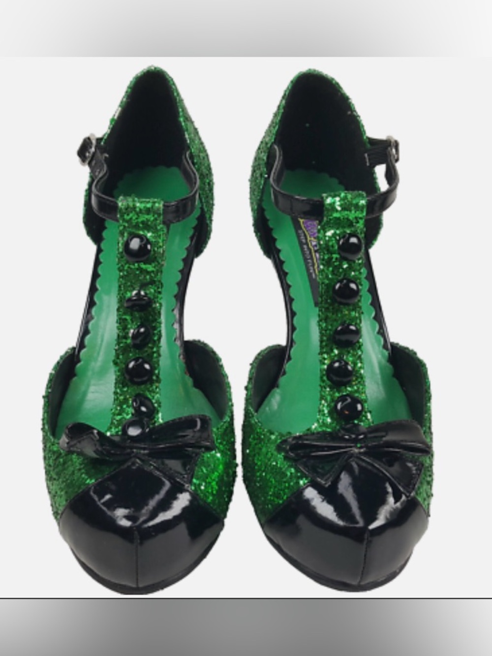 Funtasma Green Glitter T-Strap Heels with Black Patent Cap Toe